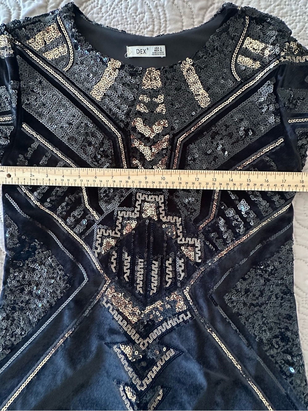 Black Velvet Sequin Mini Dress Art Deco Geometric Gold Black Mobwife Glam Chic - Picture 8 of 10